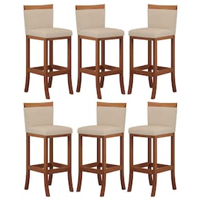 Kit 6 Banquetas Alta Encosto Estofado 38x102 Cm Paris Madeira Maciça Castanho Suede Bege CCS