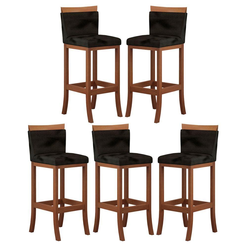 Kit 5 Banquetas Alta Encosto Estofado 38x98 Cm Paris Madeira Maciça Castanho Suede Preto - CCS