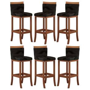 Kit 6 Banquetas Média Encosto Estofado 38x92 Cm Paris Madeira Maciça Castanho Suede Preto CCS
