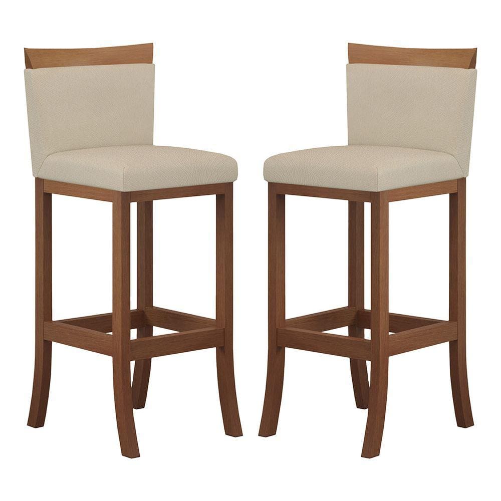 Kit 2 Banquetas Média Encosto Estofado 38x92 Cm Ilha Paris Madeira Maciça Castanho Suede Bege CCS