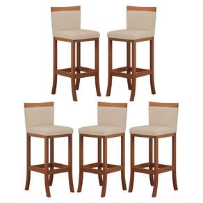 Kit 5 Banquetas Média Encosto Estofado 38x92 Cm Paris Madeira Maciça Castanho Suede Bege CCS