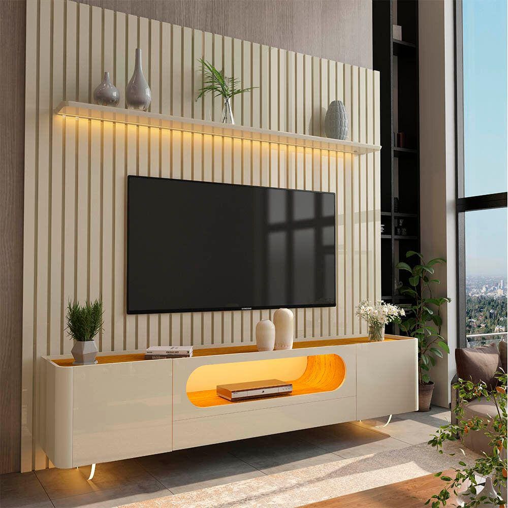 Painel e Rack Nobre Ripado com LED Pés de Vidro 230 Off White - Gelius