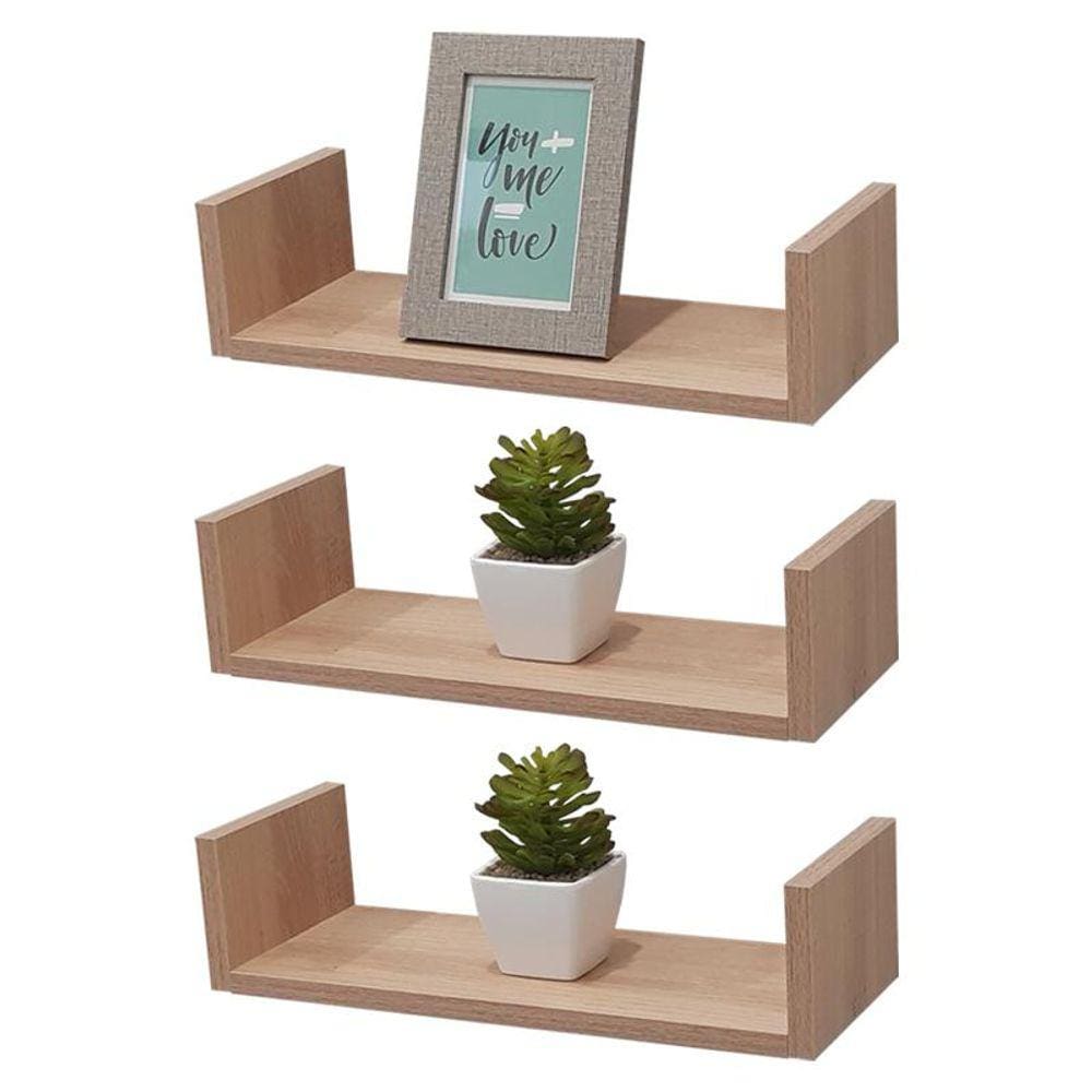 Kit 3 Prateleiras U 50 x 10cm Carvalho Suporte Invisível