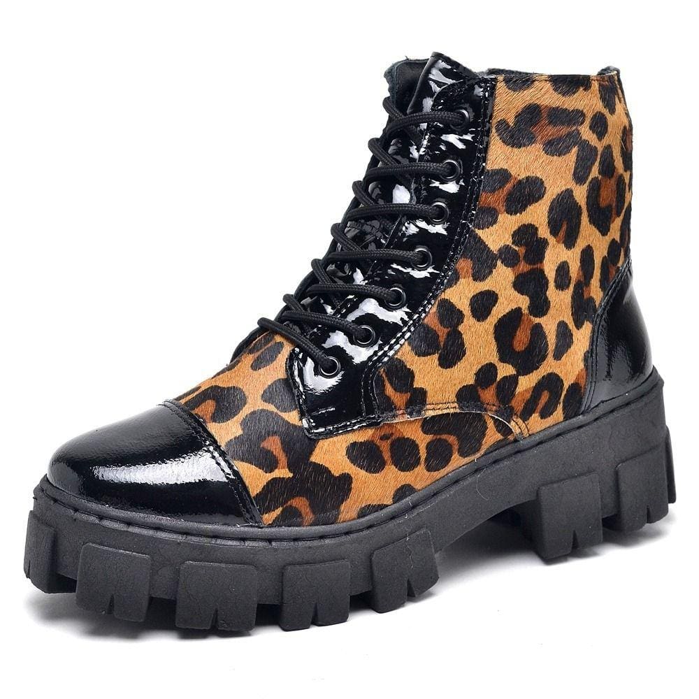 Bota Coturno Militar de Couro Estampa de Marrom Feminina Plataforma Cano Medio Cadarço Palmilha Macia