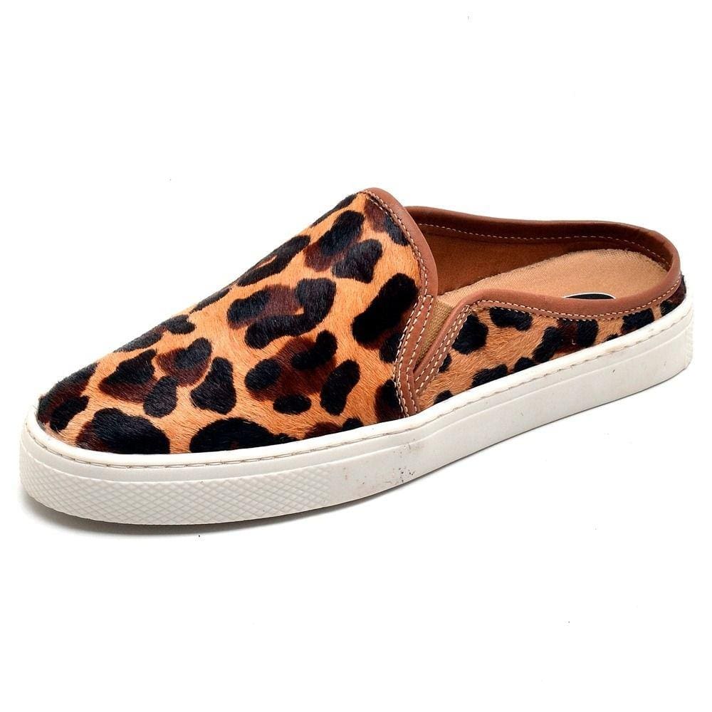 Mule Marrom Animal Print Feminino Couro Calce Facil Solado Borracha Tecido Antitranspirante