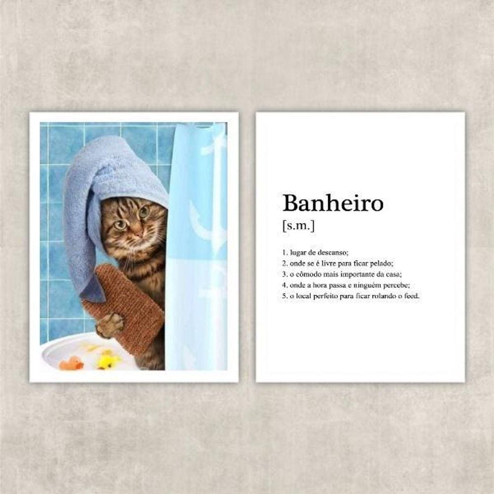Kit 2 Quadros Divertidos Banheiro Gatinho 33x24cm - Vidro