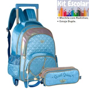 Kit Escolar Princess Azul Mochila de Rodinha e Estojo Duplo
