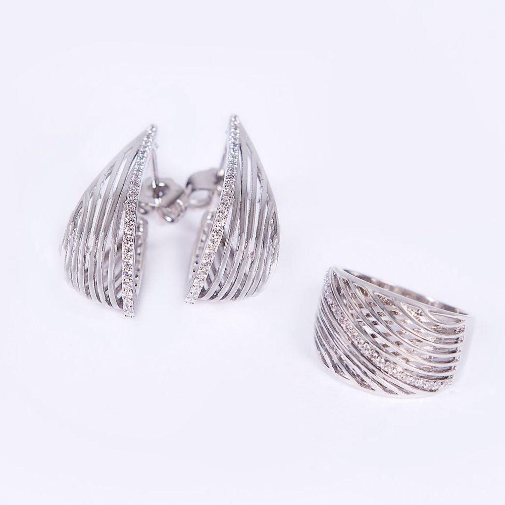 Conjunto de Anel e Brincos Ródio Branco