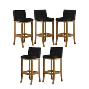 Kit 5 Banquetas Alta Encosto Estofado 38x100 Cm Ilha Espanha Madeira Maciça Amêndoa Suede Preto CCS