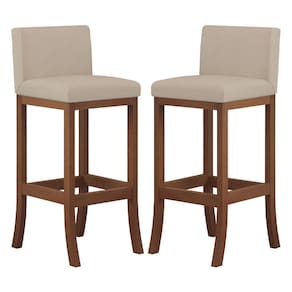 Kit 2 Banquetas Média Encosto Estofado 38x90Cm Ilha Espanha Madeira Maciça Castanho Suede Bege CCS