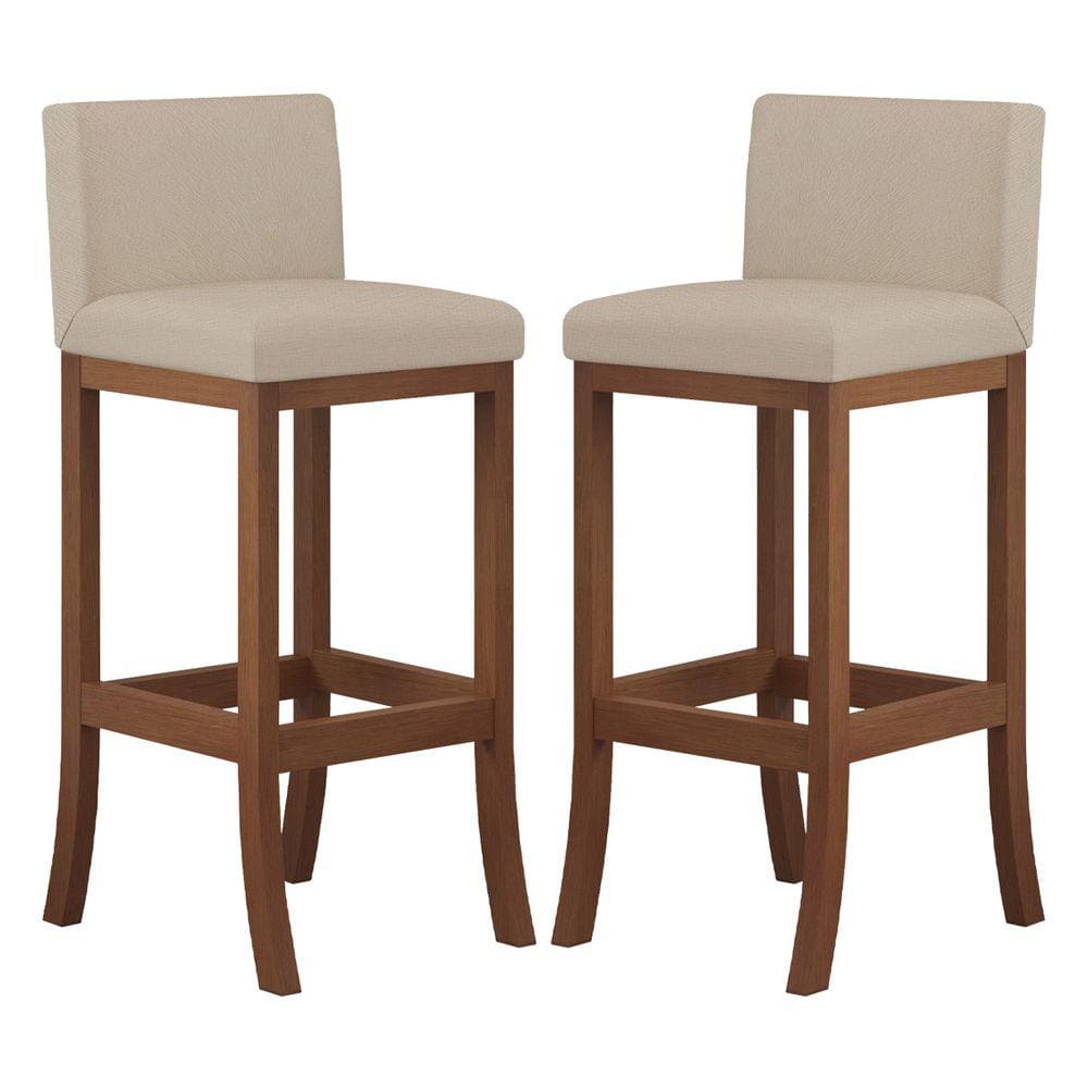 Kit 2 Banquetas Alta Encosto Estofado 38x100 Cm Ilha Espanha Madeira Maciça Castanho Suede Bege CCS
