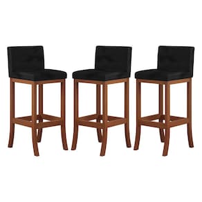 Kit 3 Banquetas Alta Encosto Estofado 38x100 Cm Espanha Madeira Maciça Castanho Suede Preto CCS