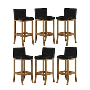 Kit 6 Banquetas Média Encosto Estofado 38x90Cm Ilha Espanha Madeira Maciça Amêndoa Suede Preto CCS