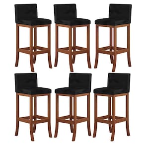 Kit 6 Banquetas Média Encosto Estofado 38x90Cm Espanha Madeira Maciça Castanho Suede Preto CCS