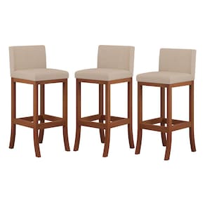 Kit 3 Banquetas Média Encosto Estofado 38x90Cm Ilha Espanha Madeira Maciça Castanho Suede Bege CCS