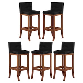 Kit 5 Banquetas Média Encosto Estofado 38x90Cm Espanha Madeira Maciça Castanho Suede Preto CCS