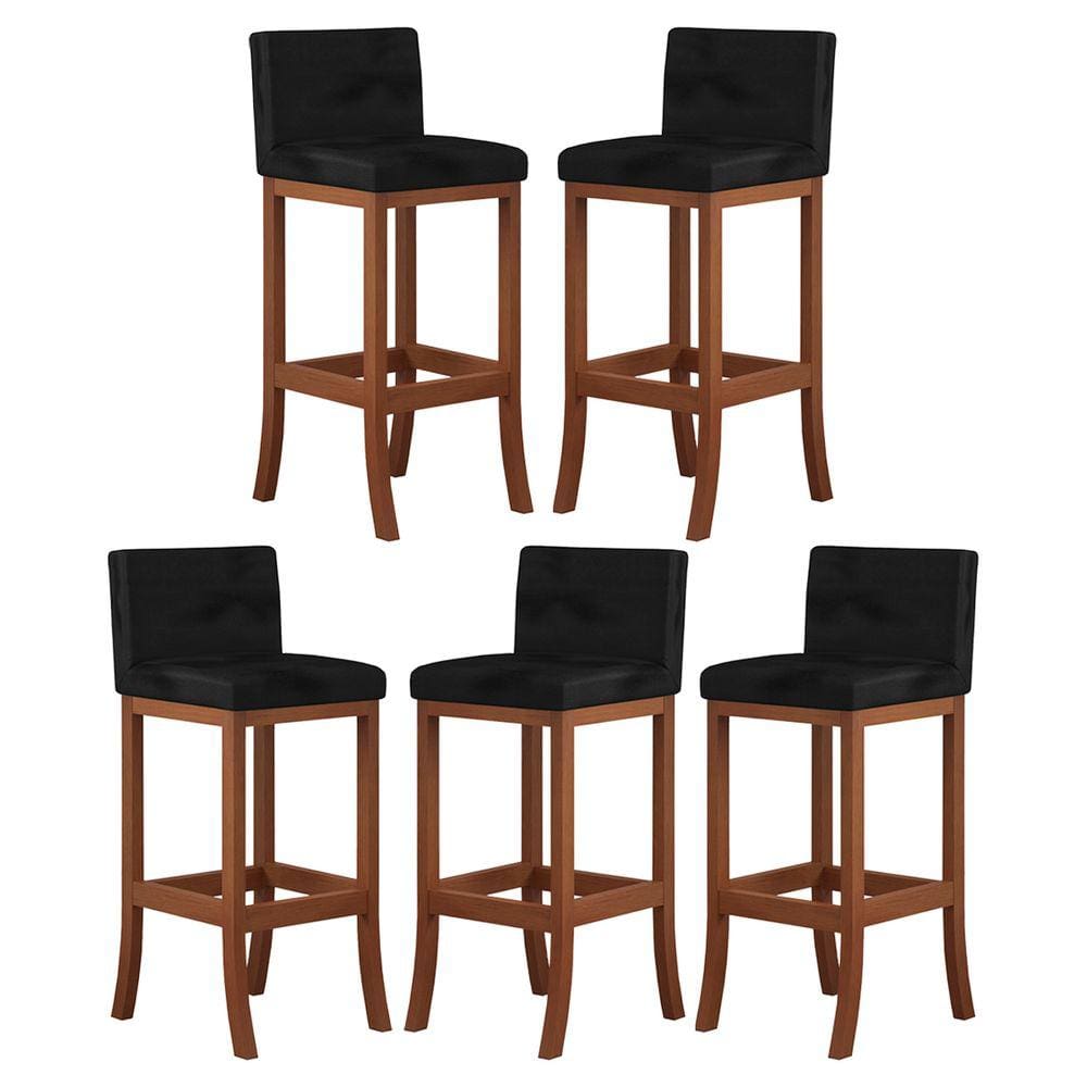 Kit 5 Banquetas Alta Encosto Estofado 38x100 Cm Espanha Madeira Maciça Castanho Suede Preto CCS