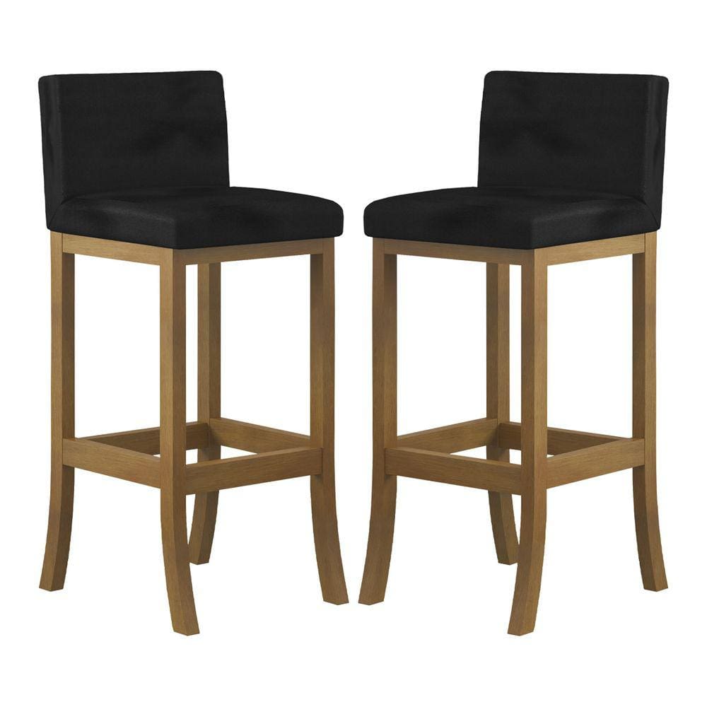 Kit 2 Banquetas Alta Encosto Estofado 38x100 Cm Ilha Espanha Madeira Maciça Amêndoa Suede Preto CCS