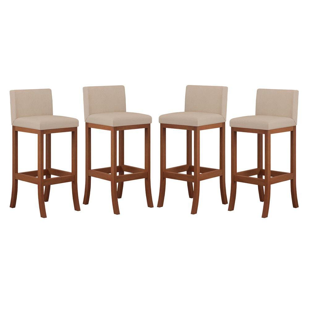 Kit 4 Banquetas Alta Encosto Estofado 38x100 Cm Ilha Espanha Madeira Maciça Castanho Suede Bege CCS