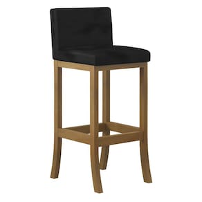Banqueta Alta Encosto Estofado 38 x 100 Cm Ilha Espanha Madeira Maciça Amêndoa Suede Preto CCS
