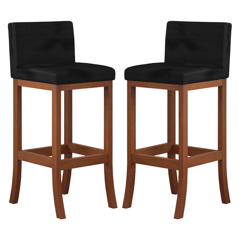 Kit 2 Banquetas Alta Encosto Estofado 38x100 Cm Espanha Madeira Maciça Castanho Suede Preto CCS