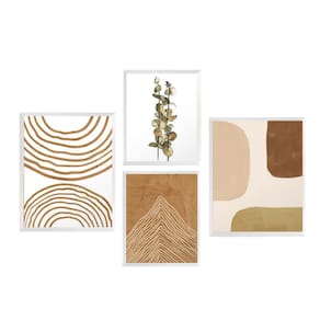 Kit 4 Quadros Formas Boho Plantas Geométrico Moldura Branca
