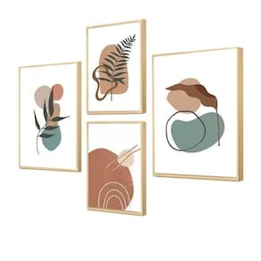 Kit 4 Quadros Moderno Boho Folhas Formas Geometricas