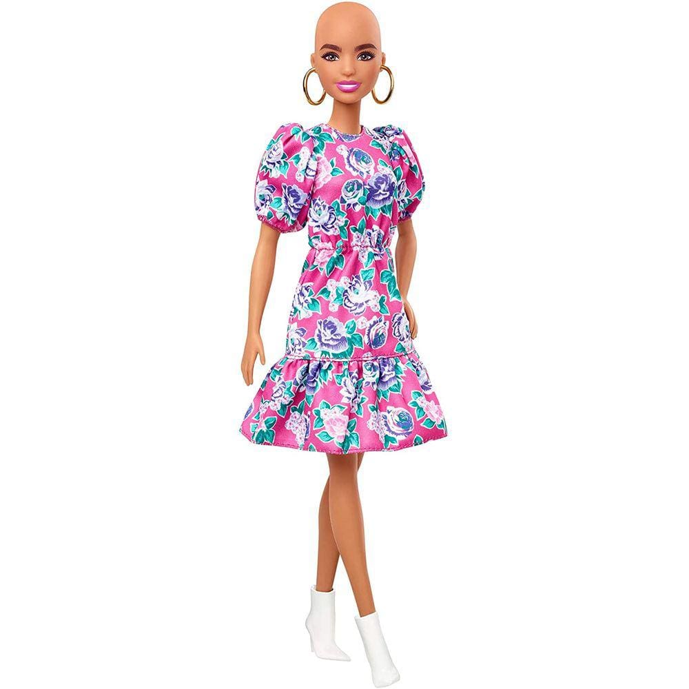 Boneca Barbie Fashionistas #150 com look sem cabelo vestindo vestido floral rosa, botas brancas e brincos, brinquedo para crianças de 3 a 8 anos