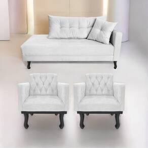 Kit Diva Recamier Azura 160Cm Lado Esquerdo E 02 Poltronas Classic Suede - Doce Sonho Móveis Branco