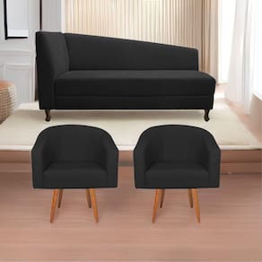 Kit Diva Recamier Heitor 160Cm Lado Direito E 02 Poltronas Luiza Suede - Doce Sonho Móveis Preto