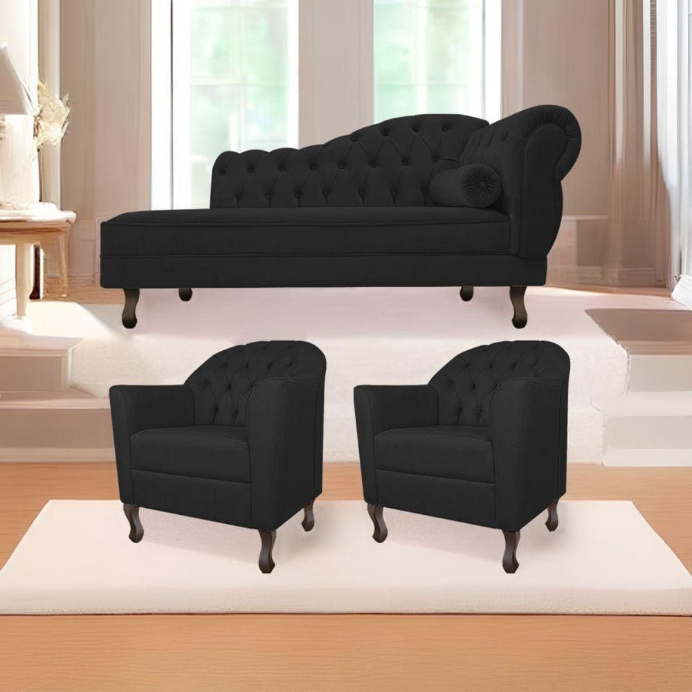Kit Diva Recamier Diana 140Cm Lado Esquerdo E 02 Poltronas Julia Corano - Doce Sonho Móveis Preto