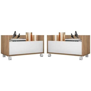 Kit Com 2 Mesas De Cabeceira 80Cm Com Rodízios Multimóveis V4007 Rustic/Branca Rustic/Branco