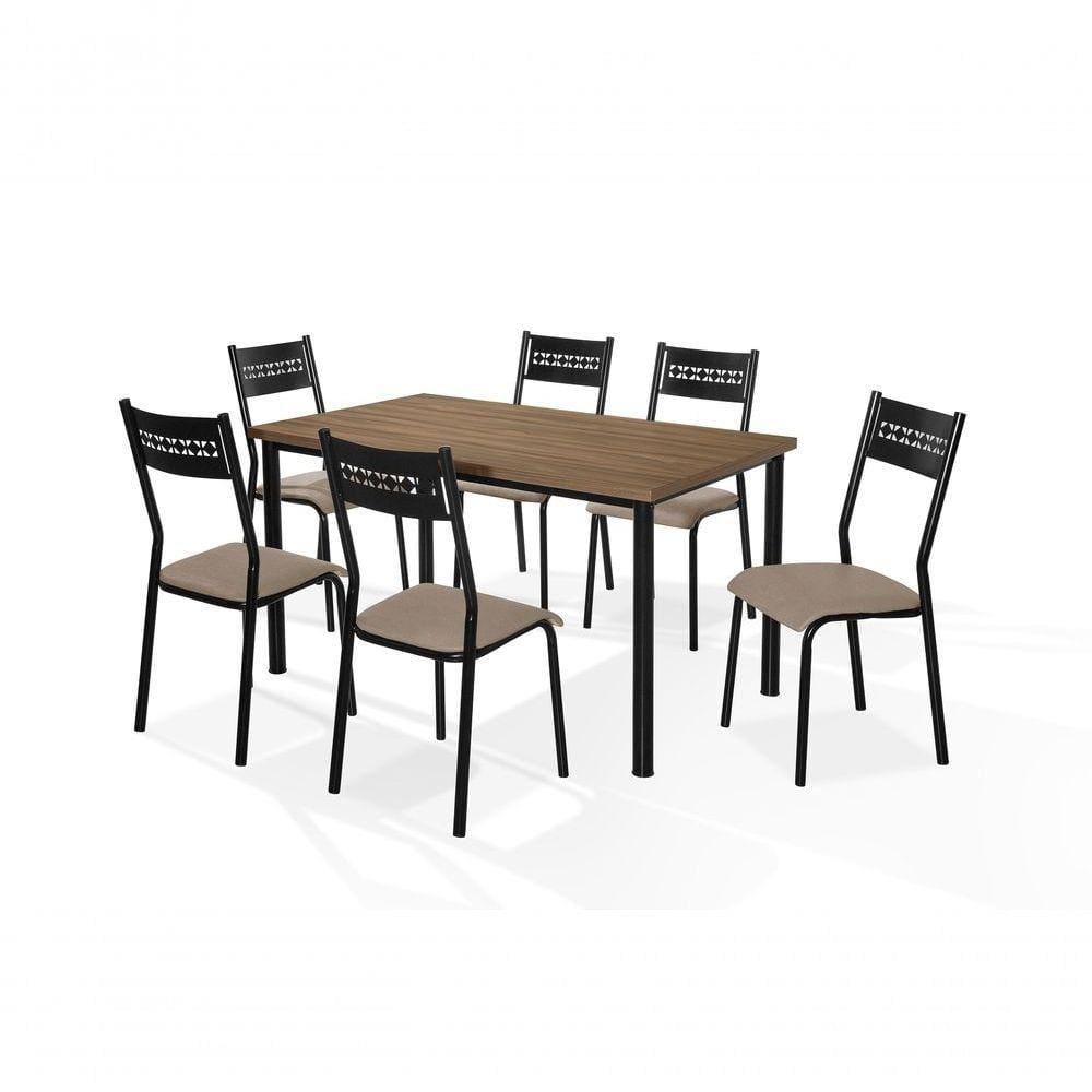 Conjunto Mesa Jasmim 1,35X0,80 Mdp C/6 Cadeiras Titanium Tampo Nogal Tubo Preto