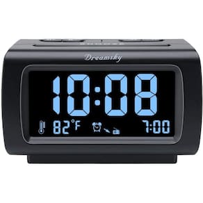 DreamSky Alarm Clock Radio FM com porta USB para quarto, display de 1,2 polegadas de dígito azul com 0%-100% dimmer, temperatura, soneca, volume de al