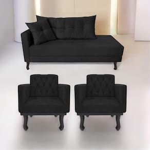 Kit Diva Recamier Azura 160Cm Lado Direito E 02 Poltronas Classic Suede - Doce Sonho Móveis Preto