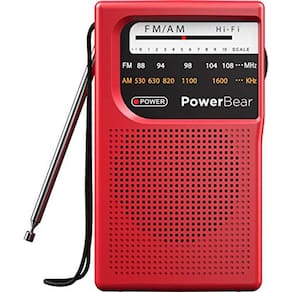 | de rádio portátil PowerBear AM/FM, bateria 2AA operada com recepção de longo alcance para uso interno, externo e de emergência | Rádio com Alto-fala