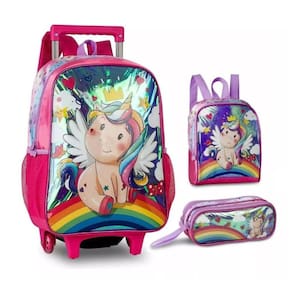 Kit Mochila Carrinho + Estojo + Lancheira Unicórnio Clio