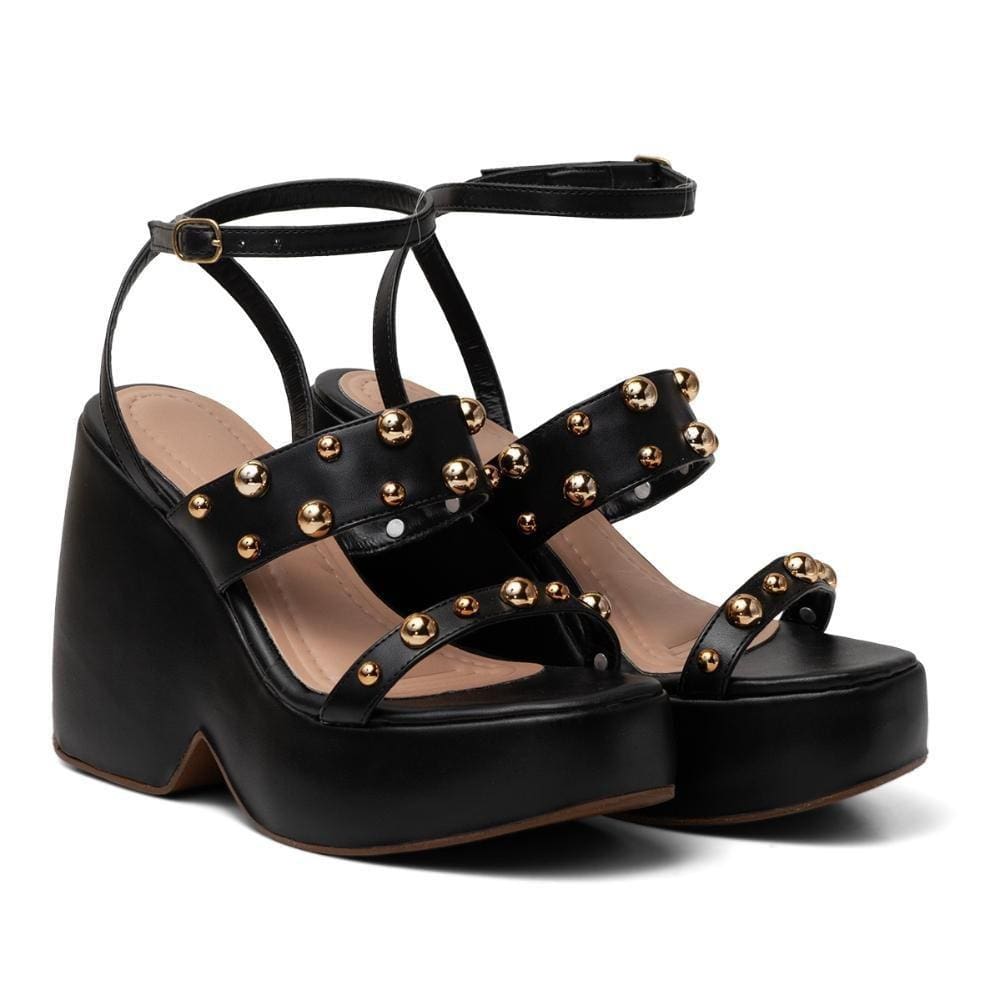 Sandália Feminina Anabela Salto Alto Tiras Fivela Estilo