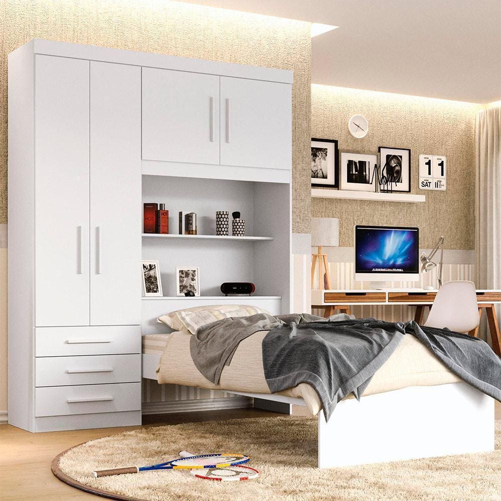 Guarda Roupa Solteiro com Cama Solteiro 4 Portas 3 Gavetas Advantage Batrol Móveis Branco - Branco