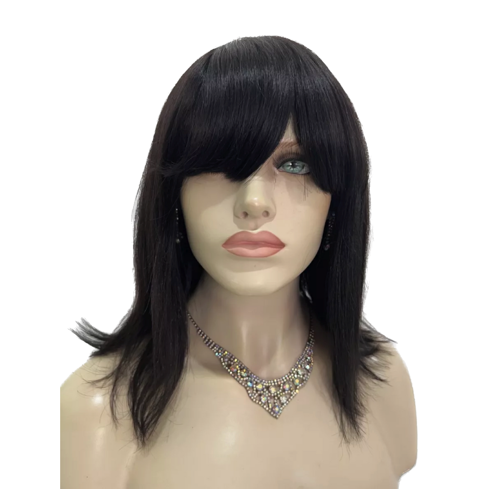 Peruca humana curta preta natural lisa 32cm com franja bob