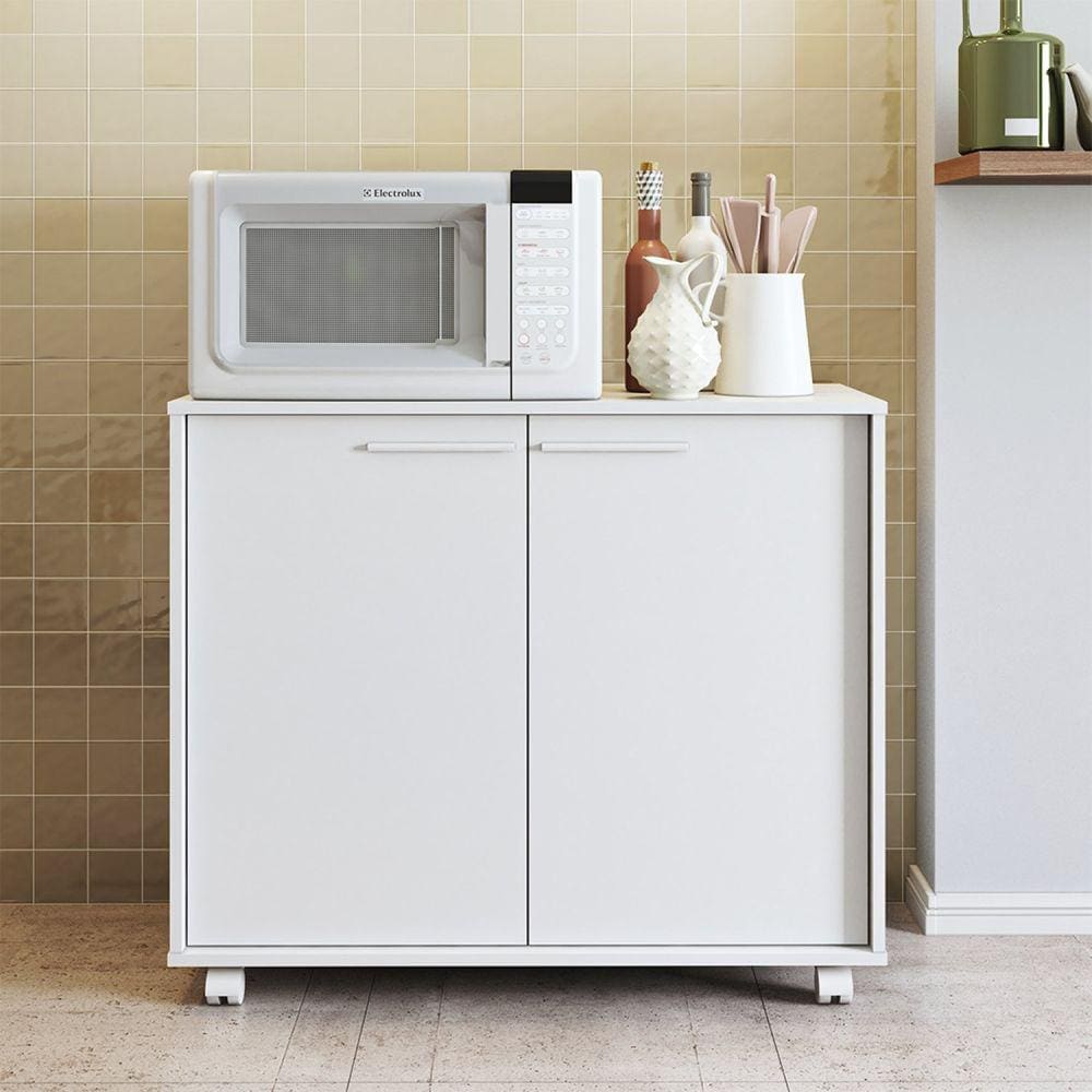 Balcão 2 Portas 2 Prateleiras 4 Pés Rodízios MDP 12mm Branco