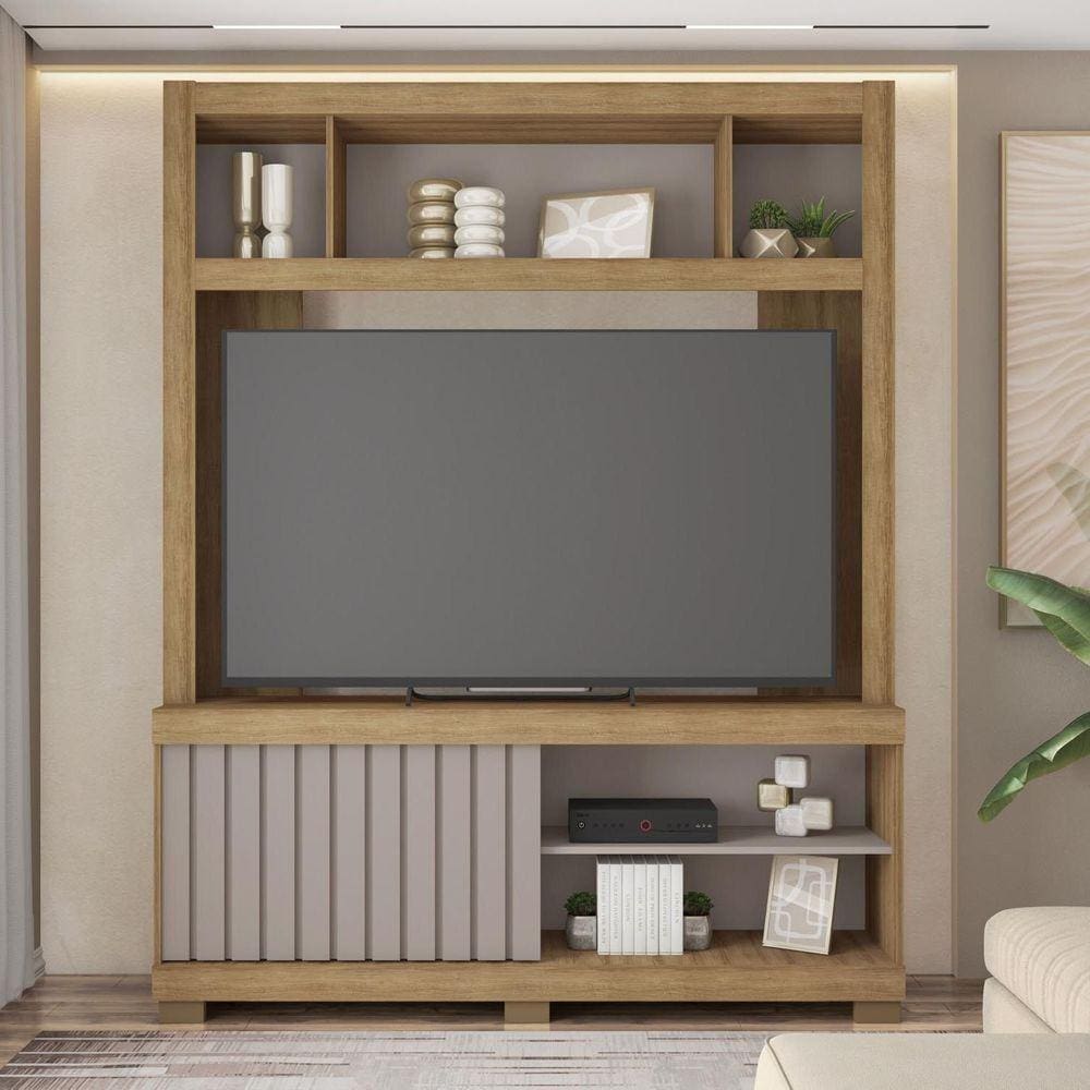 Estante para TV até 55 Polegadas com Ripado Cinne Espresso Móveis Mel/Cinza