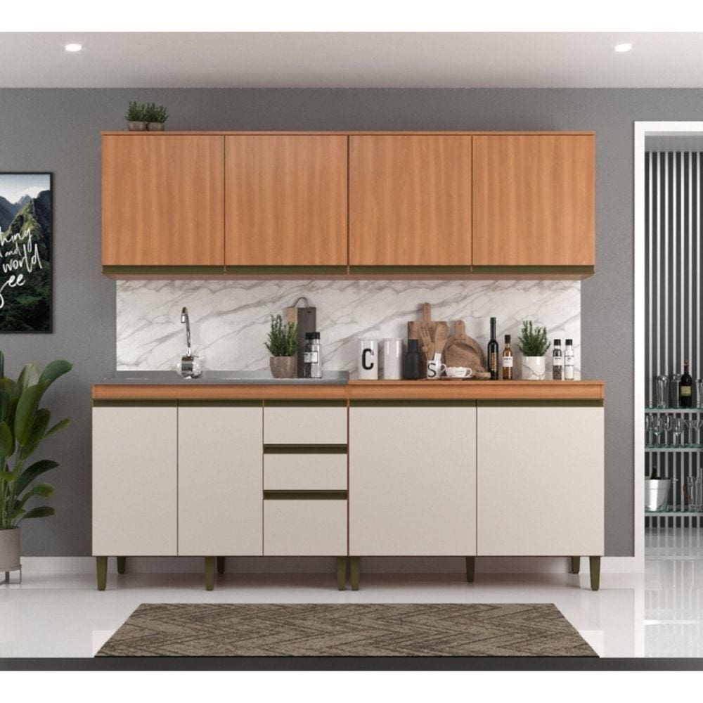 Cozinha Modulada 4 Peças 8 Portas 3 Gavetas 240cm Cecília Freijó/Off White