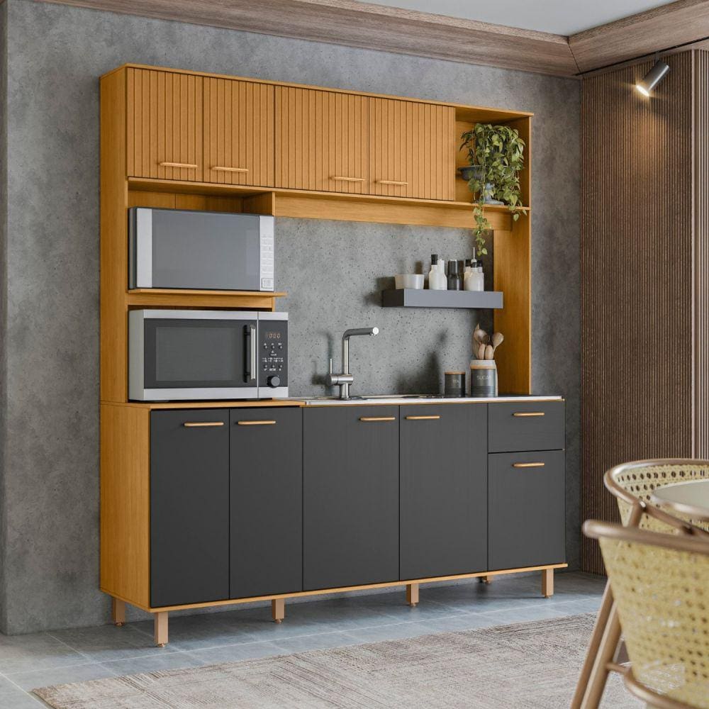 Kit Cozinha 9 Portas 1 Gaveta para Pia Liz Freijo/Ripado/Grafite Acetinado