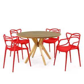 Conjunto Mesa de Jantar Redonda Marci Premium Natural 120cm com 4 Cadeiras Allegra - Vermelho