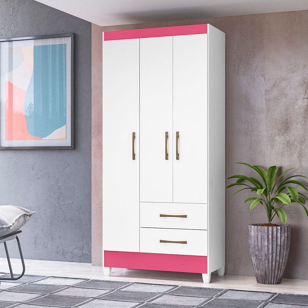 Guarda Roupa Lima Branco Rosa 3 Portas 2 Gavetas Moval