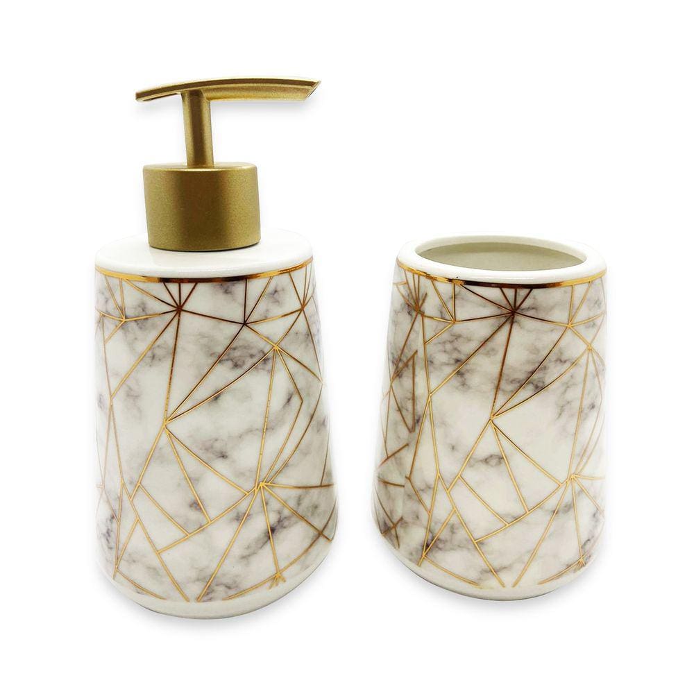 Kit de Banheiro Porcelana 2 Peças Dourado Metalizado Luxo