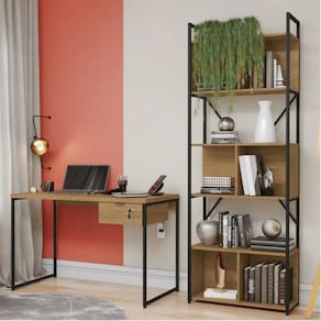 Escrivaninha Industrial 118cm com Gaveteiro e Estante 3 Nichos Freijó/Preto Fosco