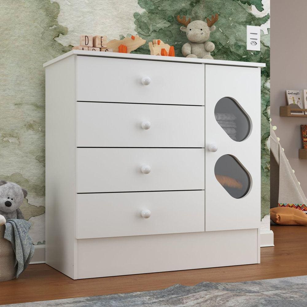 Cômoda Infantil 1 Porta e 4 Gavetas Tic Tac Branco