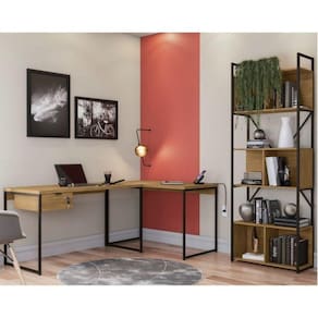Conjunto para Escritório com 2 Mesas, 1 Gaveteiro com chave e 1 Estante Industrial Freijó/Preto Fosco